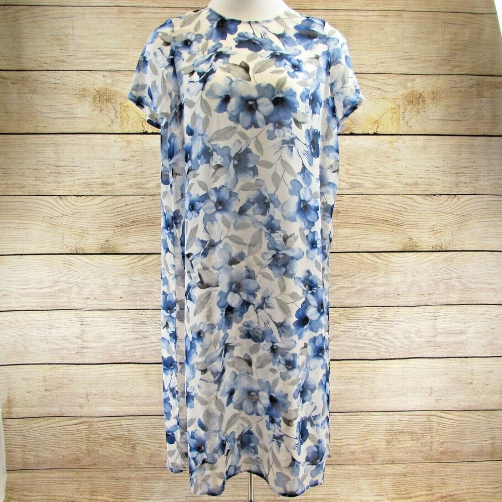 Calvin Klein White Blue Tunic Top Size L Floral Short Sleeve Button Sheer NEW